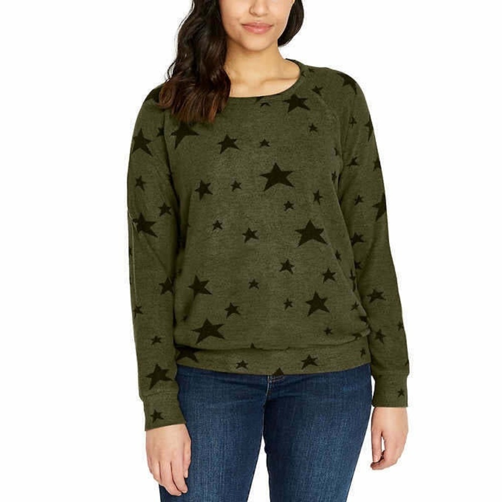 Buffalo David Bitton Star Print Cozy Knit Pullover Sweatshirt Olive Green S
